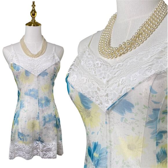 Vintage 60s Italy Blue Sheer Nylon Lacy Micro Mini Slip Dress Women's Size M - Picture 1 of 12